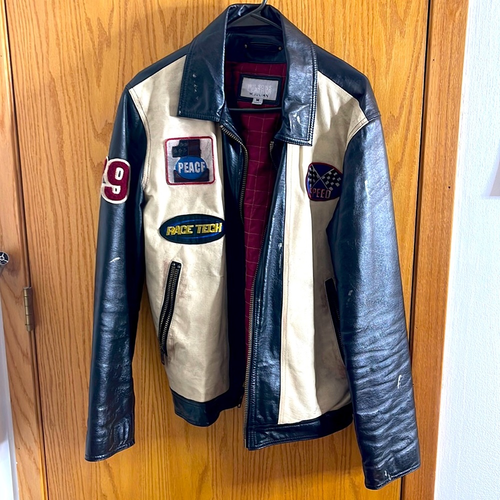 Wilsons Leather Black/Red/Cream Genuine Leather Lined Motorcycle Jacket- M